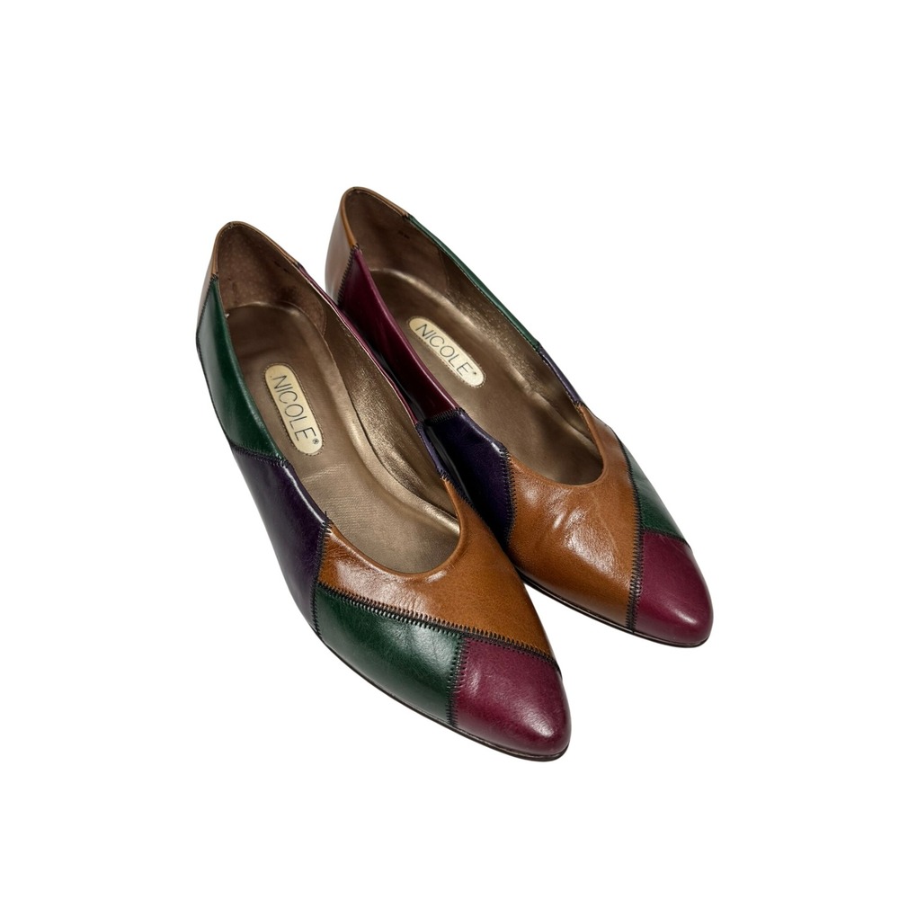 Vintage Nicole Patchwork Leather Pumps Multi Color Pointed Toe Brazil 8M
